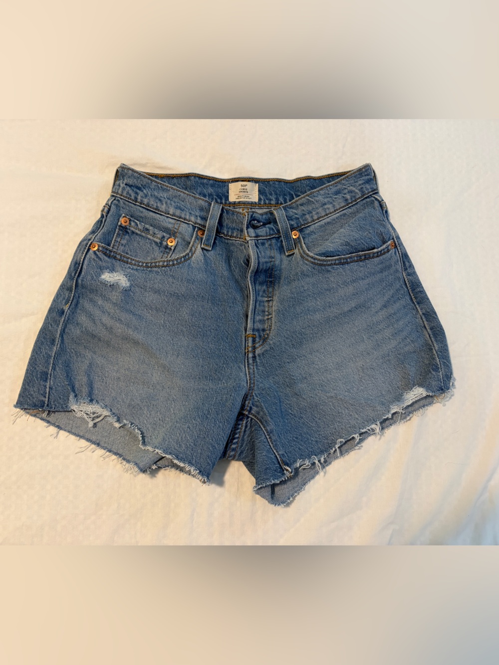 Levi's 501 Light Blue Distressed Denim Jean Shorts